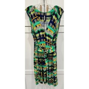 Plenty by Tracy Reese Dress M‎ Green Blue Gray Yellow Belted Abstract Print
